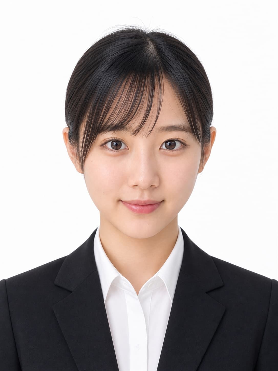 Professional resume photo of the same Japanese woman in a black suit