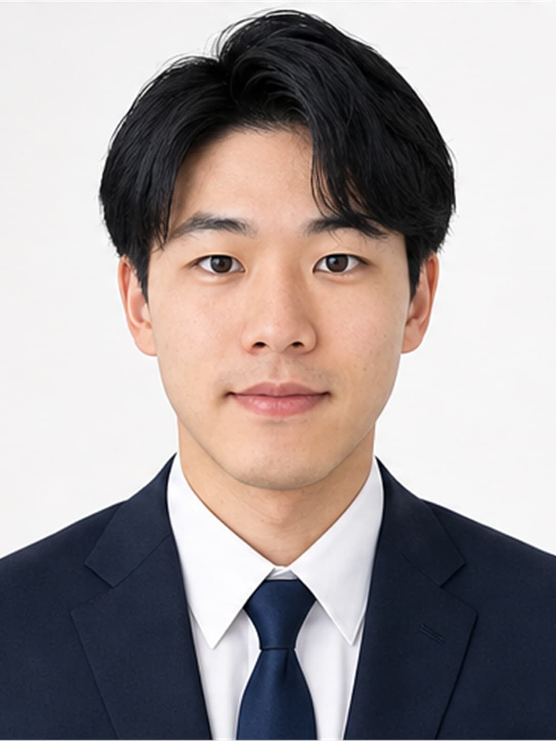 Professional resume photo of the same Japanese man in a navy suit