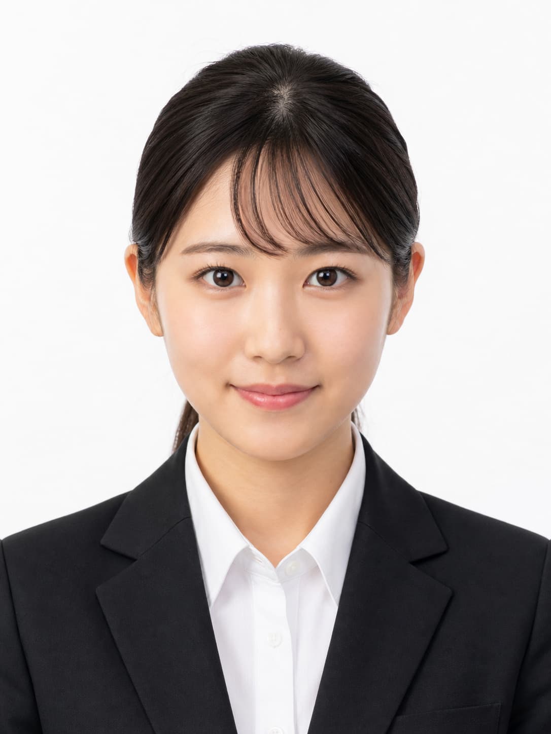 Professional resume portrait of a Japanese woman in a black suit