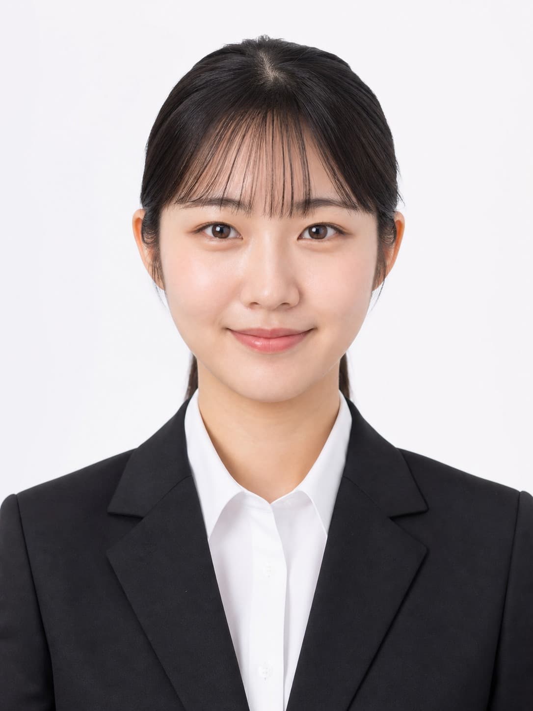 Japanese woman in a black suit on a white background