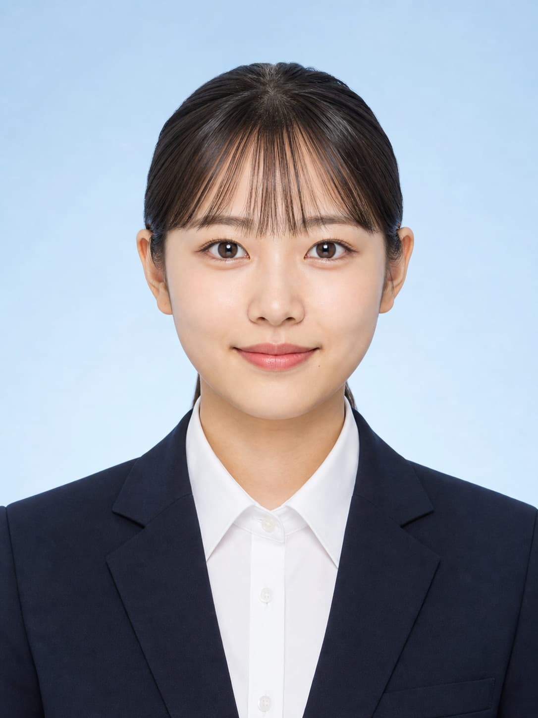 Professional resume portrait of a Japanese woman in a navy suit