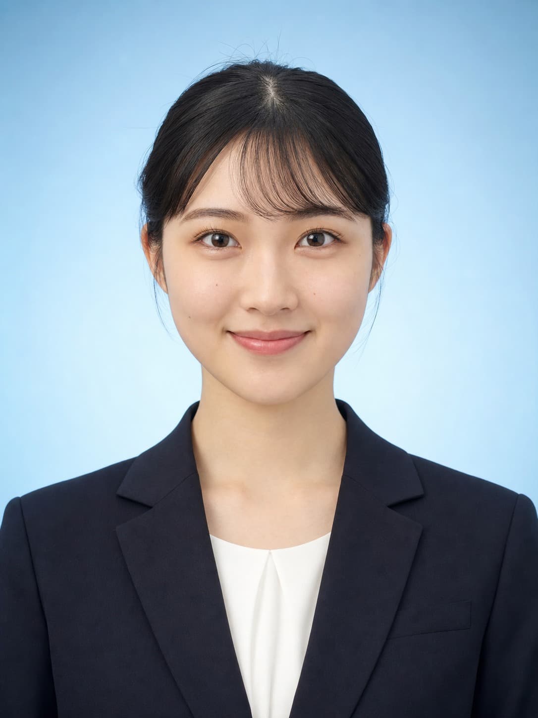 Japanese woman in a navy suit on a light blue background