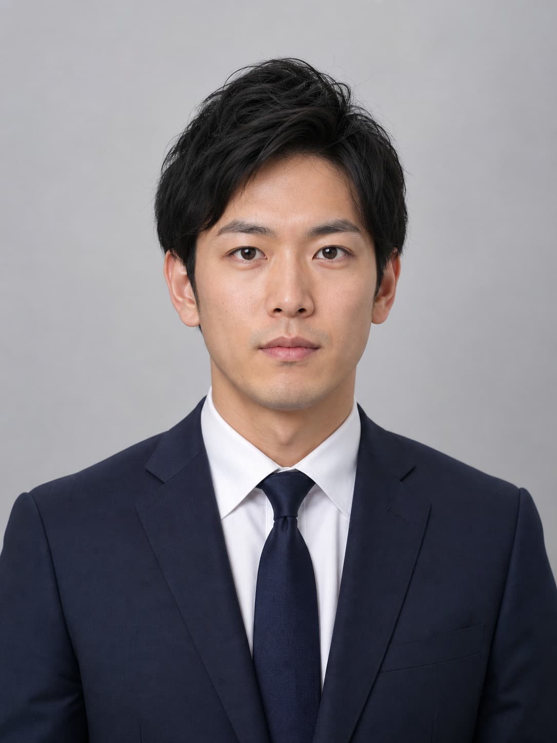 Japanese man in a navy suit on a light gray background